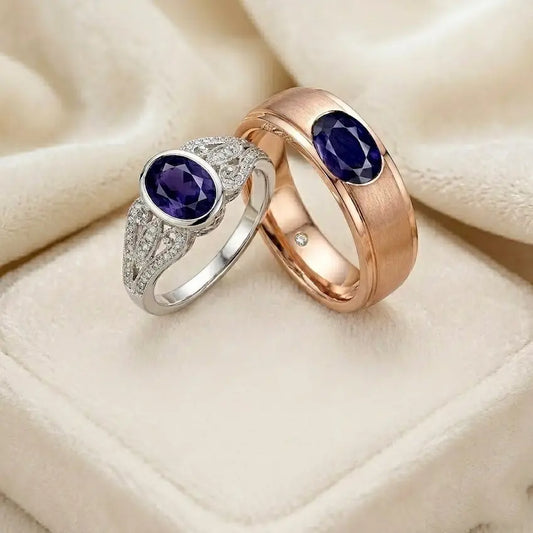 Natural oval cut Blue Iolite gemstone set in silver and gold ring designs for men and women astrological remedies - Tathastu Gems