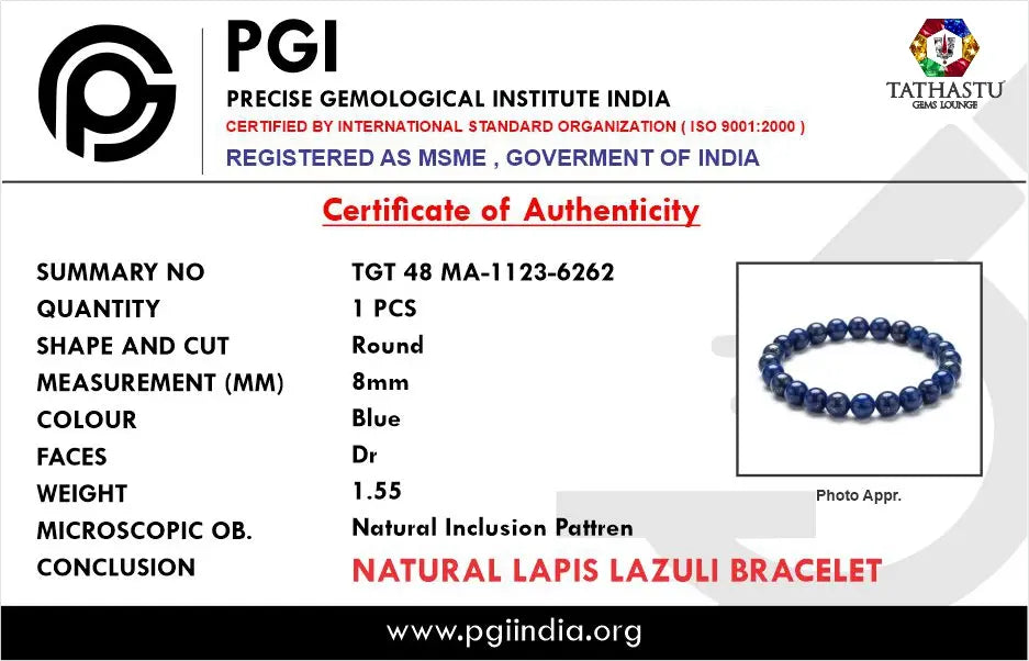 Authentic Original Lapis Lazuli Bracelet at Tathastu Gems Lounge with authentic lab test certification report card.