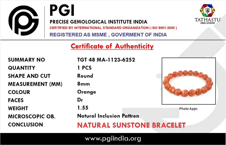 Authentic Original Sunstone Bracelet at Tathastu Gems Lounge with authentic lab test certification report card.