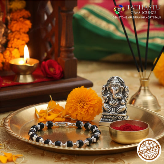 Natural 8mm Karungali Bracelet Silver Capped| 100% Original Black Ebony Wood for Luck & Stress Relief
