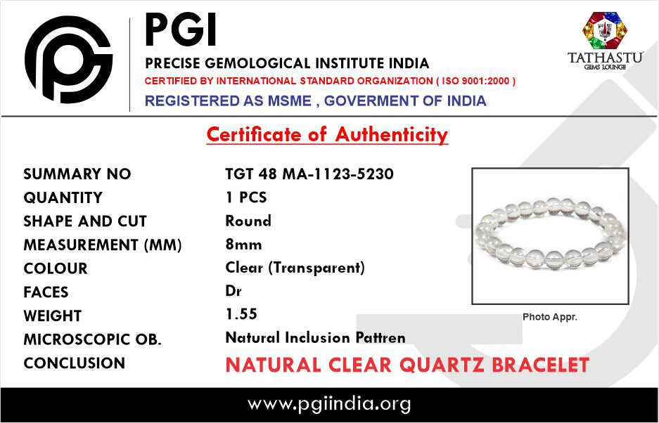 Authentic Original Clear Quartz Bracelet at Tathastu Gems Lounge with authentic lab test certification report card.