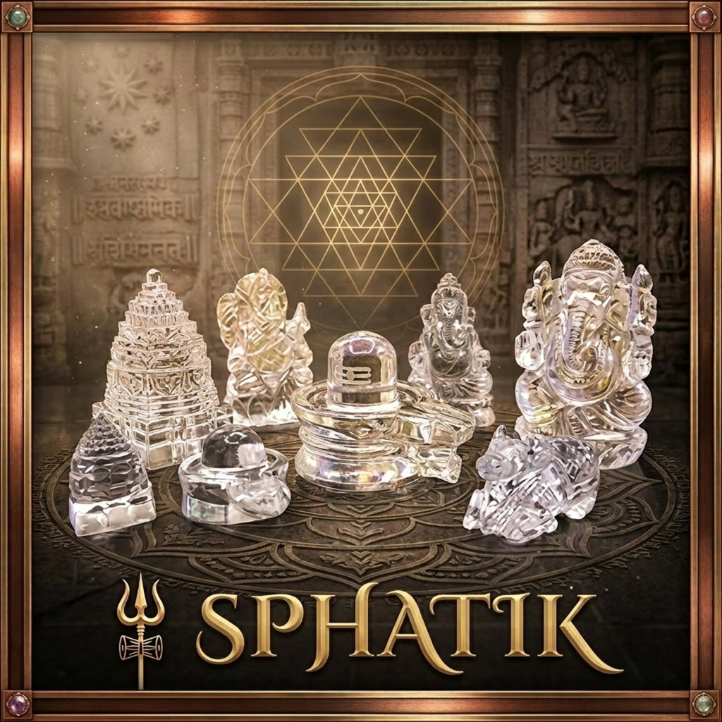 Sphatik Collection featuring 100% natural and energized Sphatik Shivling, Sphatik Mala, Sphatik Bracelet, Sphatik Pyramid, and crystal idols for spiritual healing, mental clarity, Vastu correction, and prosperity.