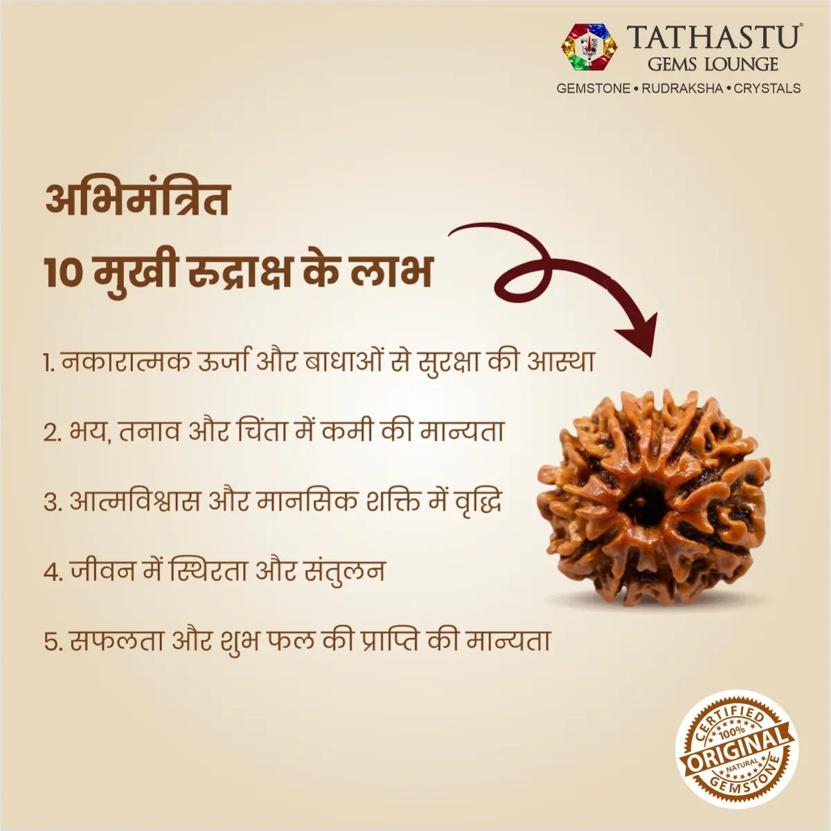 Abhimantrit Original 10 Mukhi Rudraksha bead at Tathastu Gems Lounge showing key benefits for protection from evil eyes, negativity, and peace in Hindi.