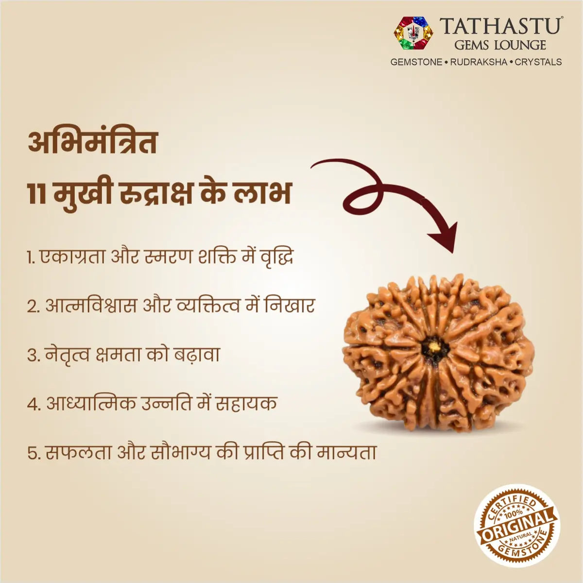 Abhimantrit Original 11 Mukhi Rudraksha bead at Tathastu Gems Lounge showing key benefits for courage, decision-making, and focus in Hindi.