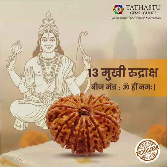 Abhimantrit Original 13 Mukhi Rudraksha bead at Tathastu Gems Lounge featuring Lord Kamdev and Lord Indra illustration with mantra details for charisma and attraction.