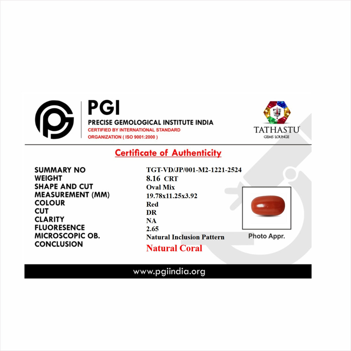 Lab Certificate - Japanese Red Coral (Moonga) 8.16 Carats – 100% Original Mars (Mangal) Gemstone for Strength & Courage