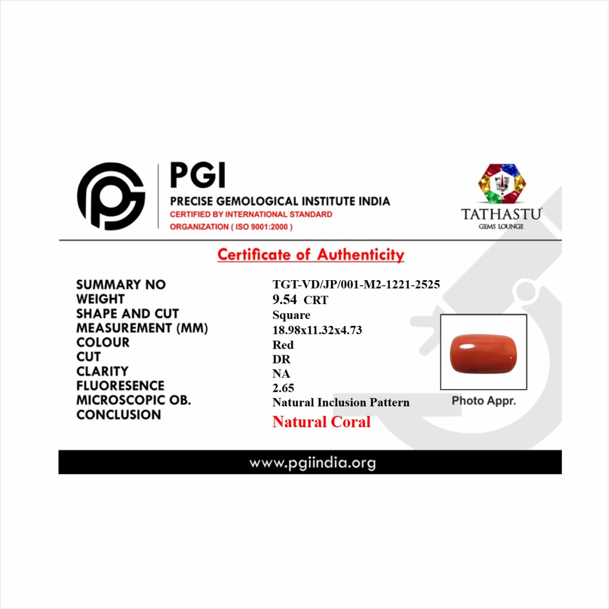 Lab Certificate - Japanese Red Coral (Moonga) 9.54 Carats – 100% Original Mars (Mangal) Gemstone for Strength & Courage