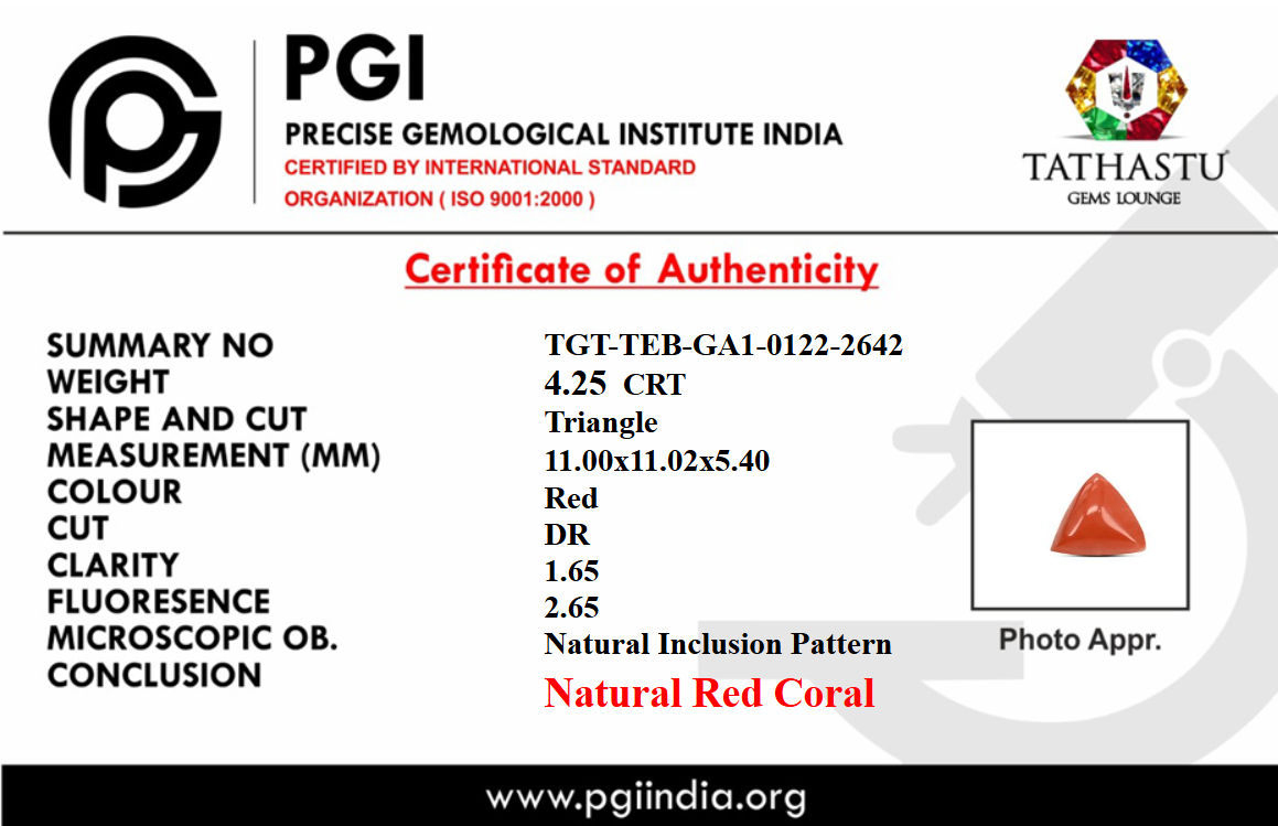 Lab Certificate - Natural Red Coral (Moonga) Triangle 4.25 Carat – 100% Original Mars (Mangal) Gemstone for Strength & Courage