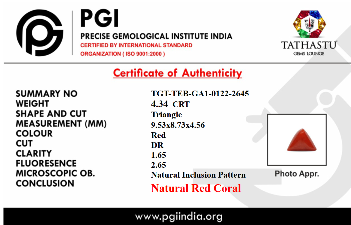Lab Certificate - Natural Red Coral (Moonga) Triangle 4.34 Carat – 100% Original Mars (Mangal) Gemstone for Strength & Courage