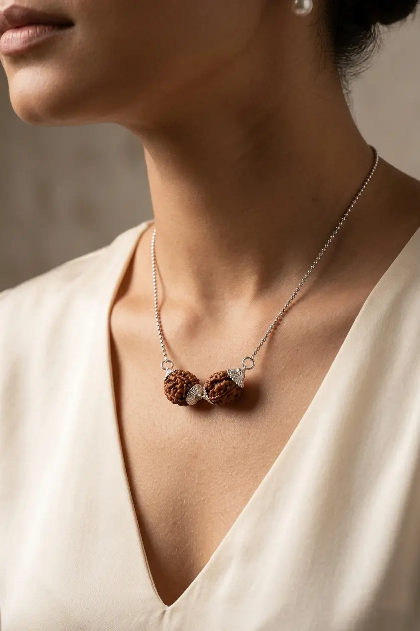 Person wearing original Rahu Raksha Rudraksh shield pendant for protection from evil eye and planetary dosha - Tathastu Gems