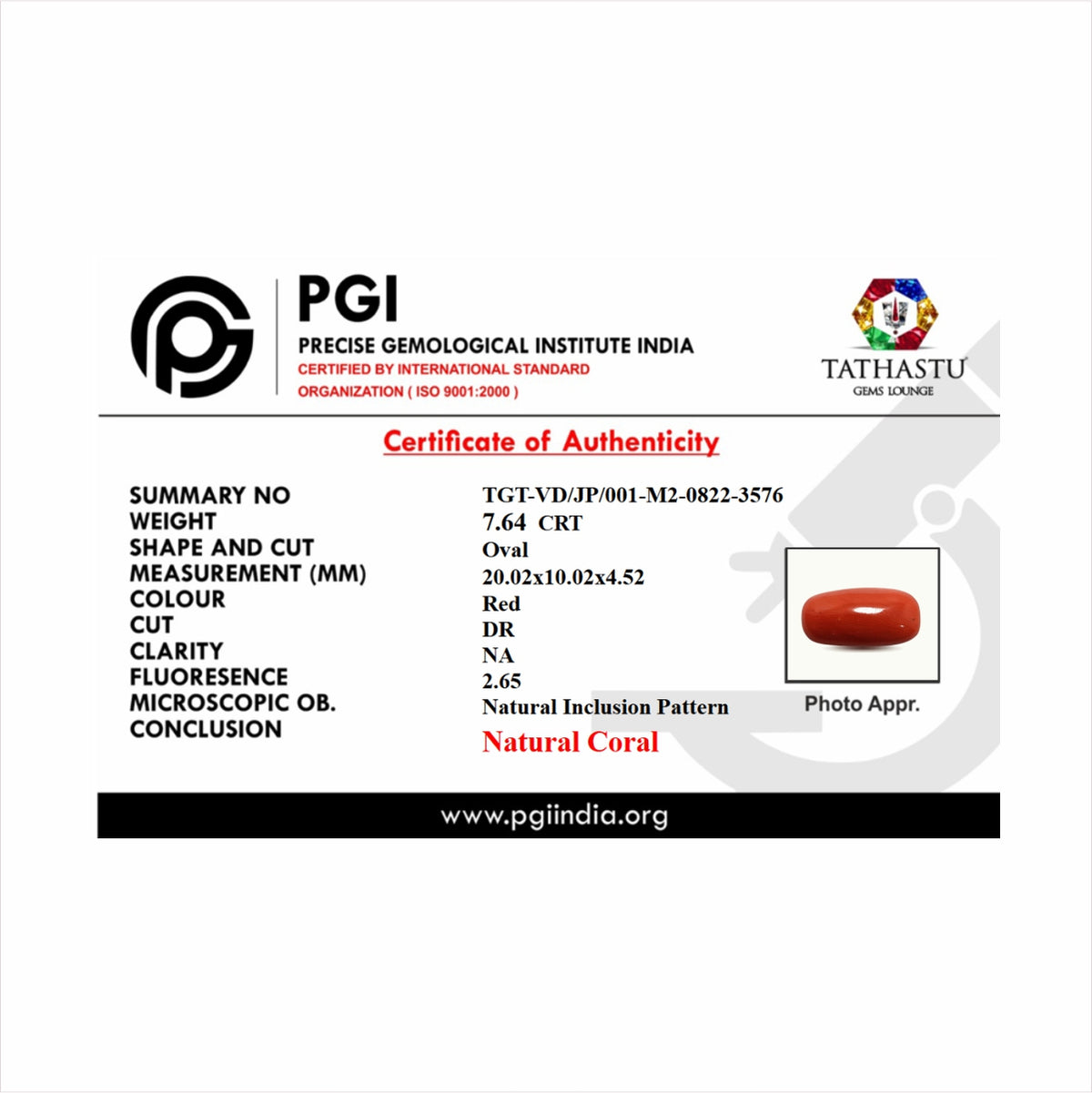 Lab Certificate - Japanese Red Coral (Moonga) 7.64 Carats – 100% Original Mars (Mangal) Gemstone for Strength & Courage