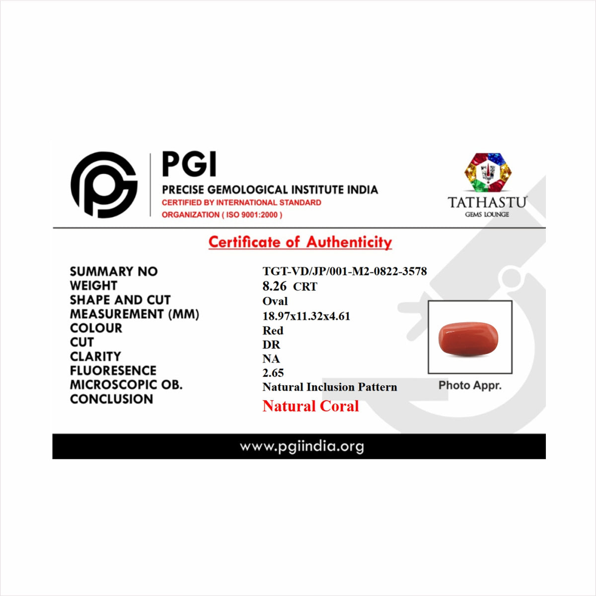 Lab Certificate - Japanese Red Coral (Moonga) 8.26 Carats – 100% Original Mars (Mangal) Gemstone for Strength & Courage