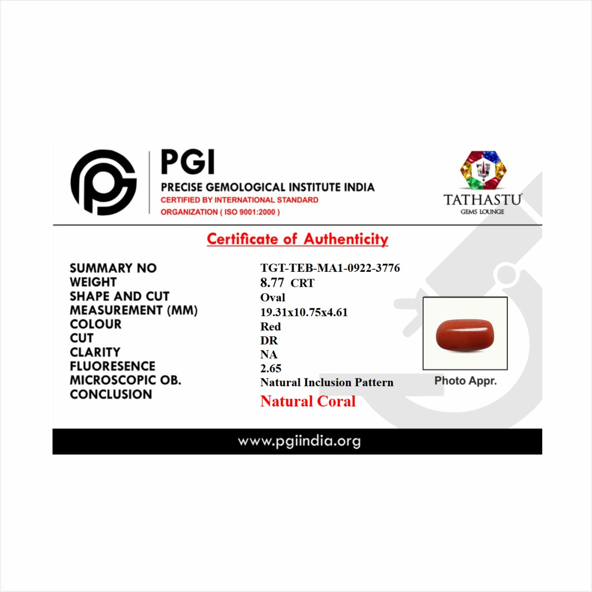 Lab Certificate - Japanese Red Coral (Moonga) 8.77 Carats – 100% Original Mars (Mangal) Gemstone for Strength & Courage