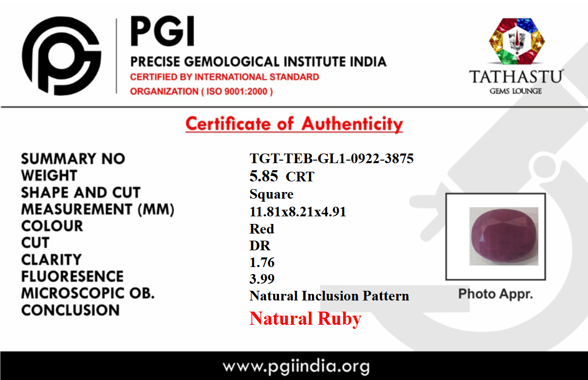 Lab Certificate - Natural Red Ruby (Manik) 5.85 Carat – 100% Original & Lab Certified Sun (Surya) Gemstone for Power & Confidence