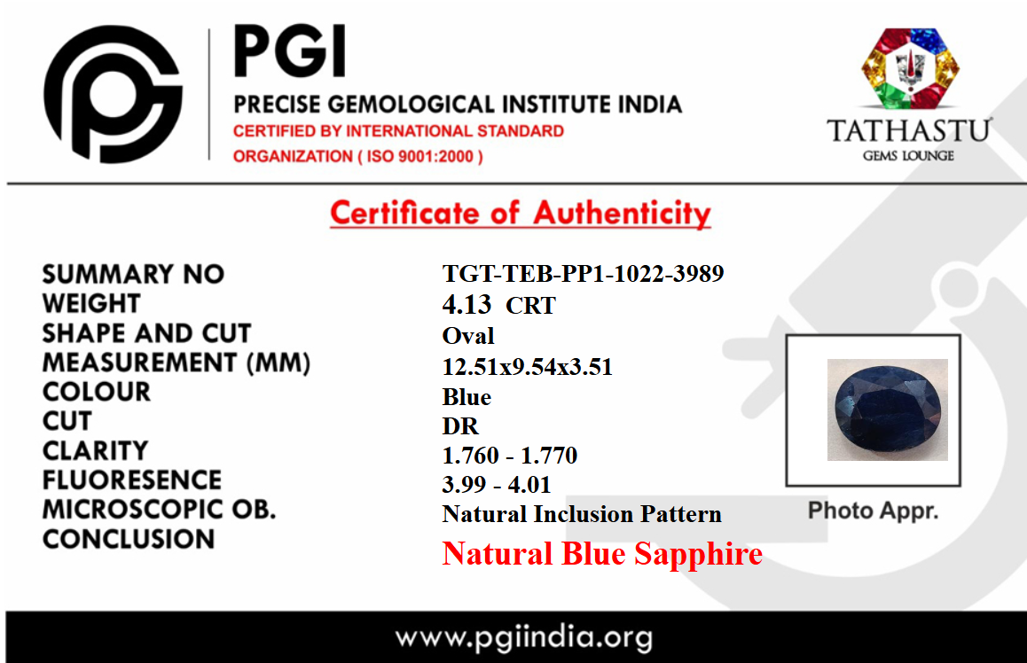 Lab Certificate - Natural Blue Sapphire (Neelam) 4.13 Carat – 100% Original & Lab Certified Saturn (Shani) Gemstone for Power & Protection