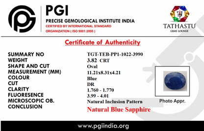 Natural Blue Sapphire (Neelam) 3.82 Carat – 100% Original & Lab Certified Saturn (Shani) Gemstone for Power & Protection