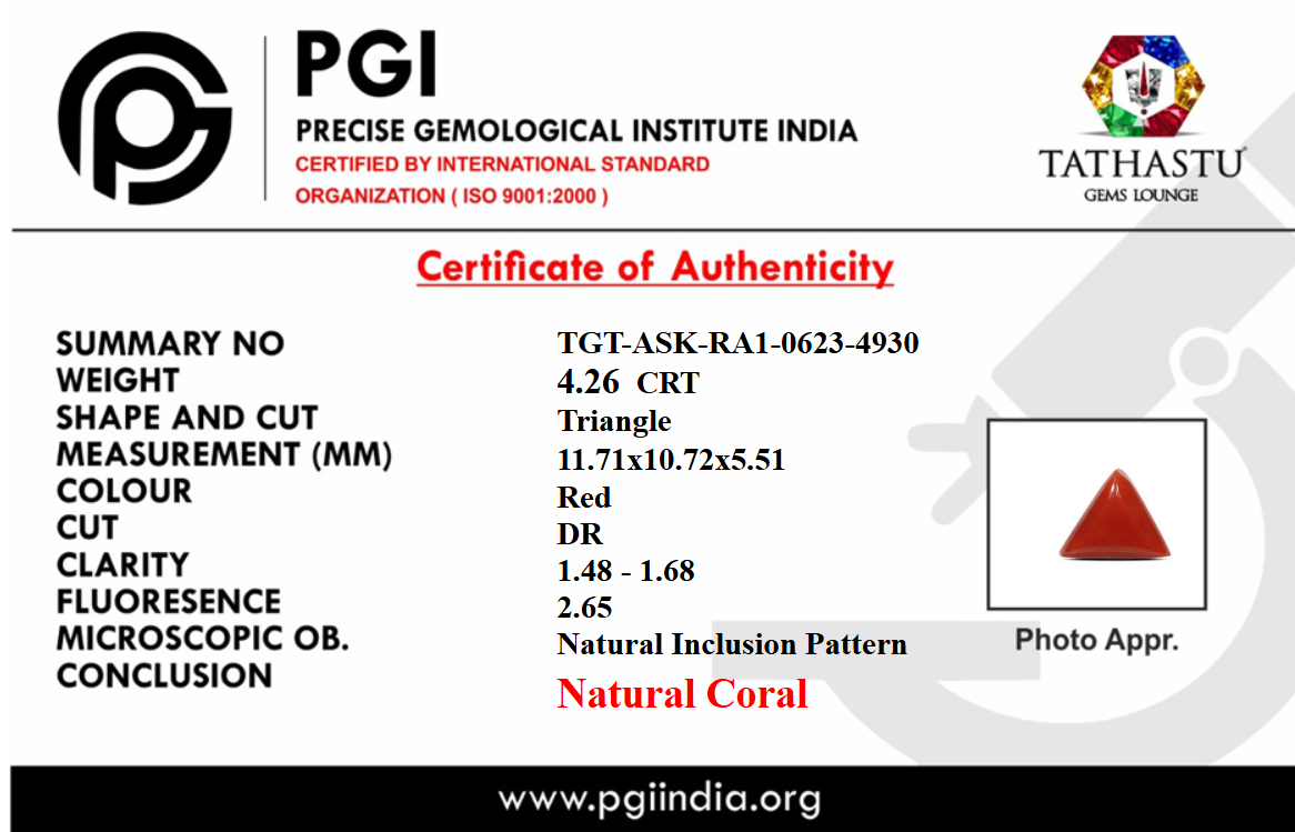 Lab Certificate - Natural Red Coral (Moonga) Triangle 4.26 Carat – 100% Original Mars (Mangal) Gemstone for Strength & Courage