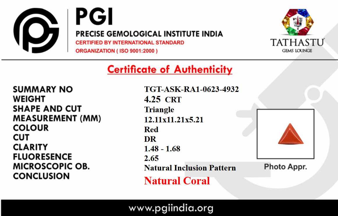Lab Certificate - Natural Red Coral (Moonga) Triangle 4.25 Carat – 100% Original Mars (Mangal) Gemstone for Strength & Courage