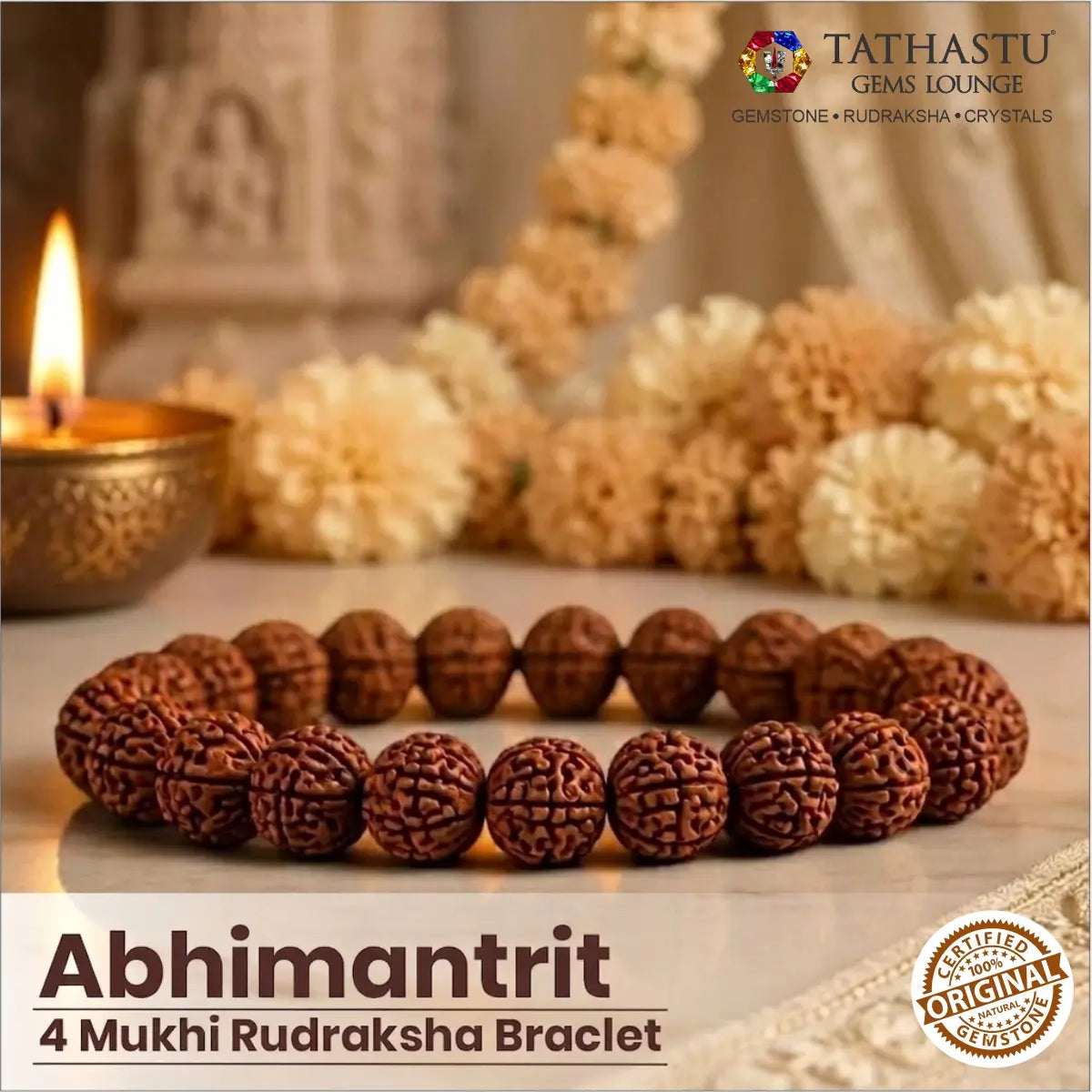 Abhimantrit original 4 Mukhi Rudraksha Bracelet for memory, focus, and Lord Brahma blessings - Tathastu Gems Lounge