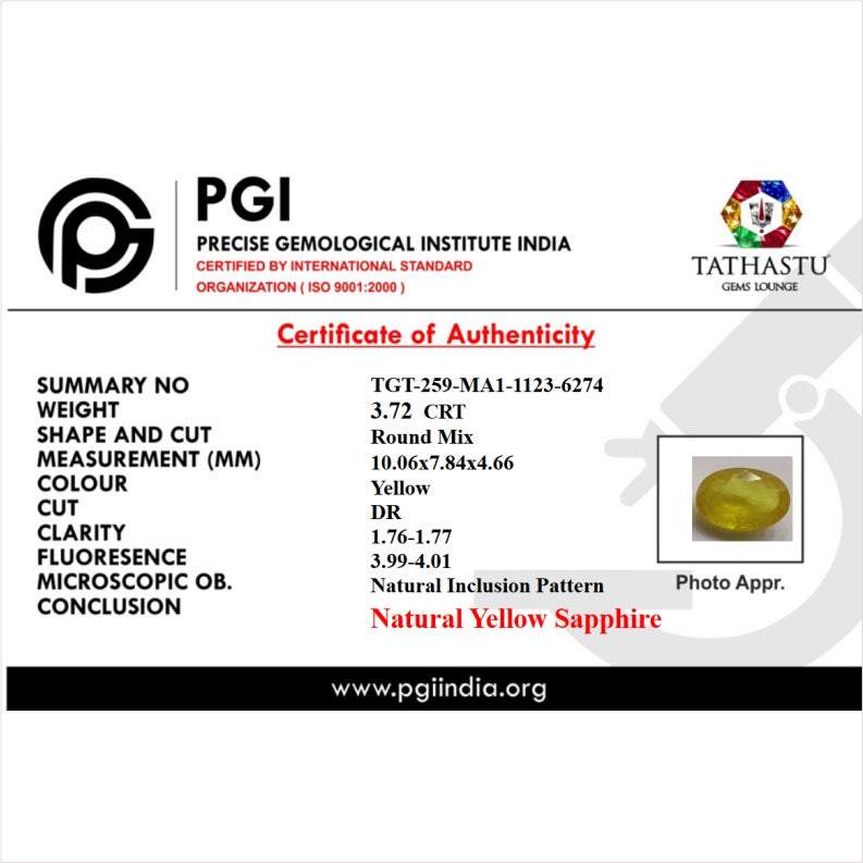 Lab Certificate - Natural Yellow Sapphire (Phukhraj) 3.72 Carat – Certified Jupiter Gemstone for Wealth & Success
