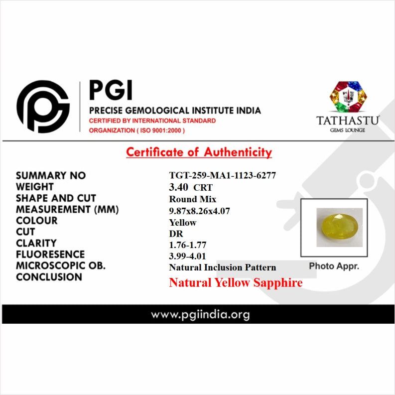 Lab Certificate - Natural Yellow Sapphire (Pukhraj) 3.40 Carat – 100% Original & Lab Certified Jupiter (Guru) Gemstone for Wealth & Success