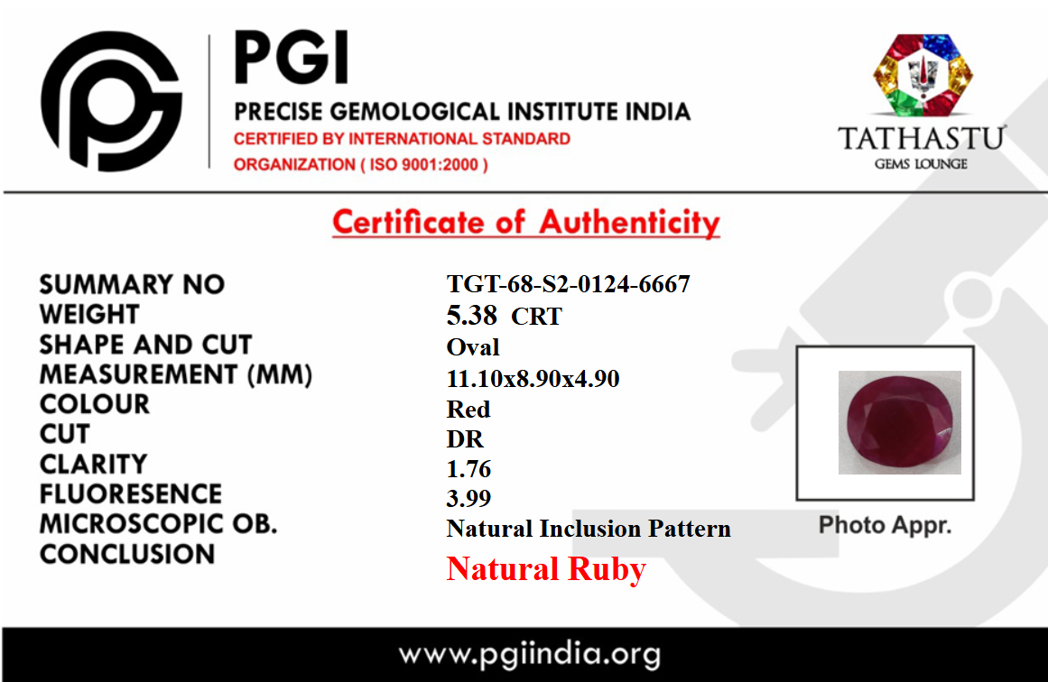 Lab Certificate - Natural Red Ruby (Manik) 5.38 Carat – 100% Original & Lab Certified Sun (Surya) Gemstone for Power & Confidence