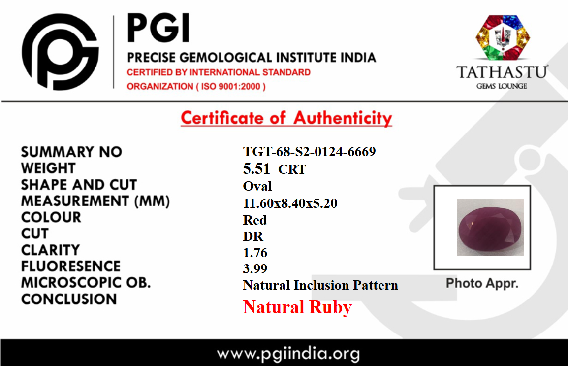 Lab Certificate - Natural Red Ruby (Manik) 5.51 Carat – 100% Original & Lab Certified Sun (Surya) Gemstone for Power & Confidence