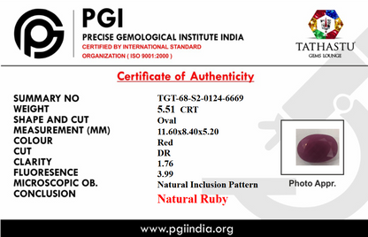 Natural Red Ruby (Manik) 5.51 Carat – 100% Original & Lab Certified Sun (Surya) Gemstone for Power & Confidence