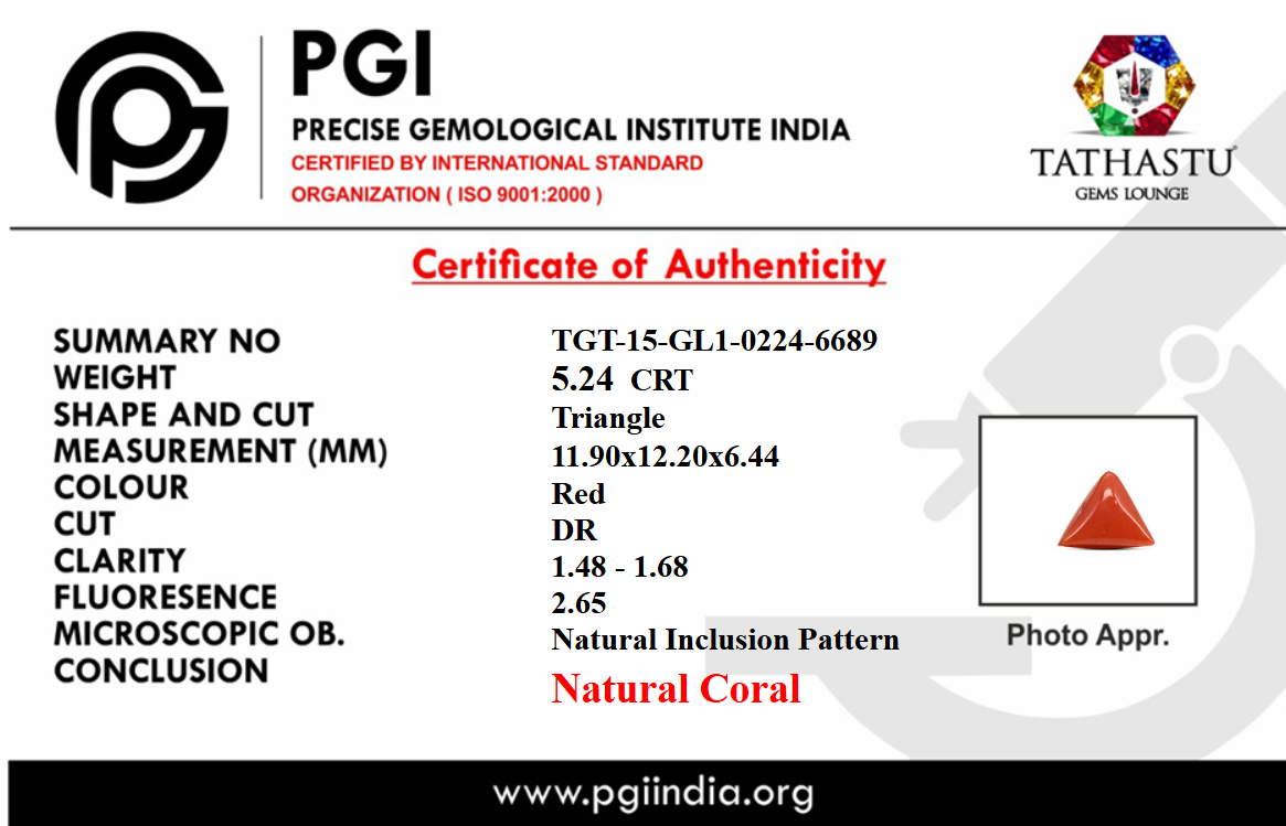 Lab Certificate - Natural Red Coral (Moonga) Triangle 5.24 Carat – 100% Original Mars (Mangal) Gemstone for Strength & Courage