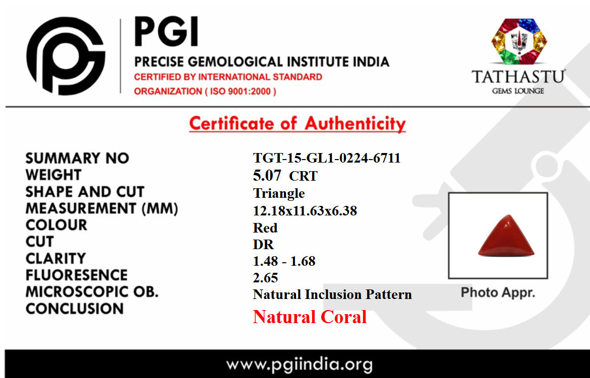 Lab Certificate - Natural Red Coral (Moonga) Triangle 5.07 Carat – 100% Original Mars (Mangal) Gemstone for Strength & Courage