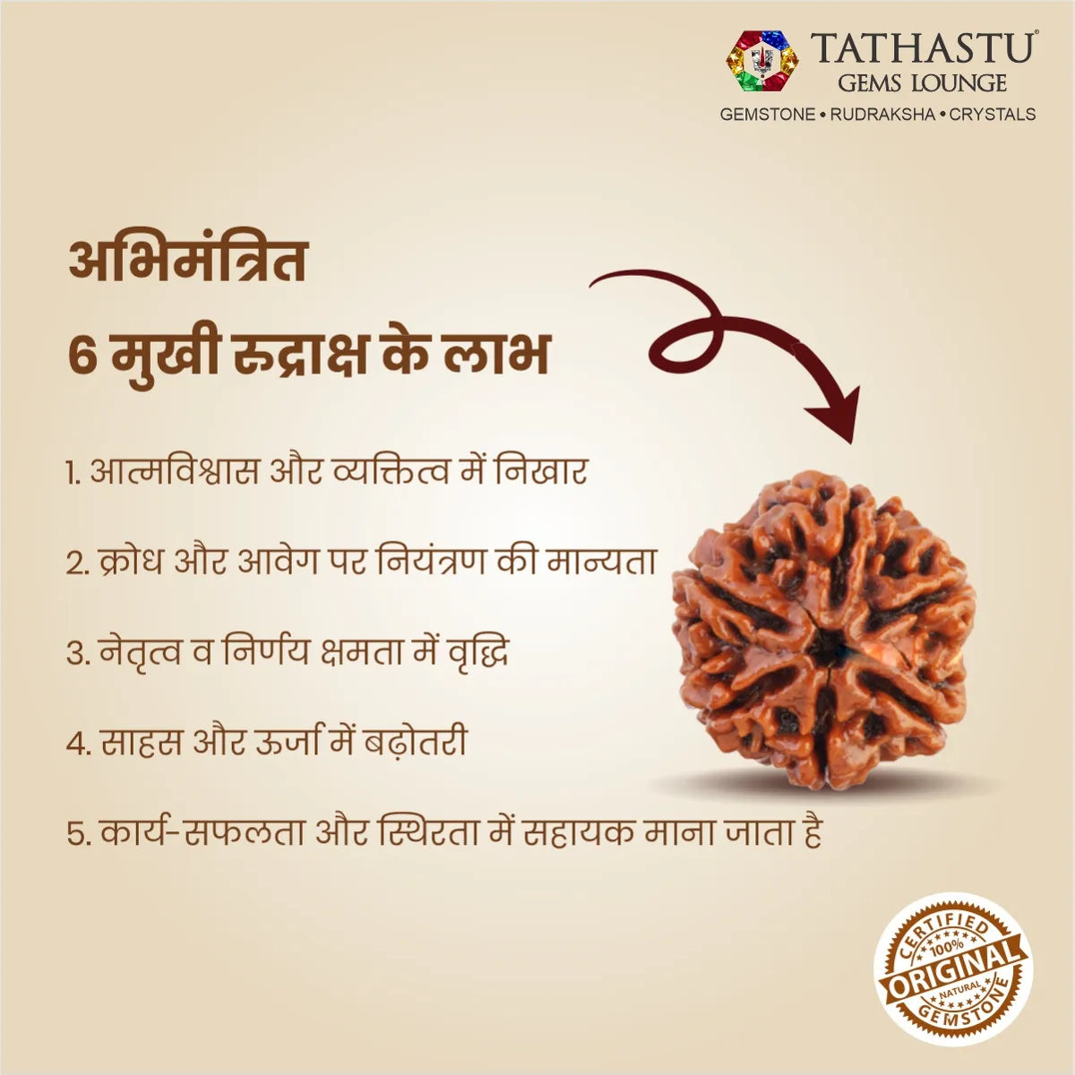Abhimantrit Original 6 Mukhi Rudraksha bead at Tathastu Gems Lounge showing key benefits and labh in Hindi.