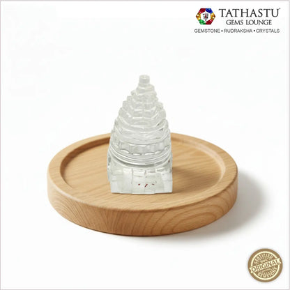 Original Sphatik Shree Yantra handcrafted from clear crystal quartz on wooden base - Tathastu Gems Lounge