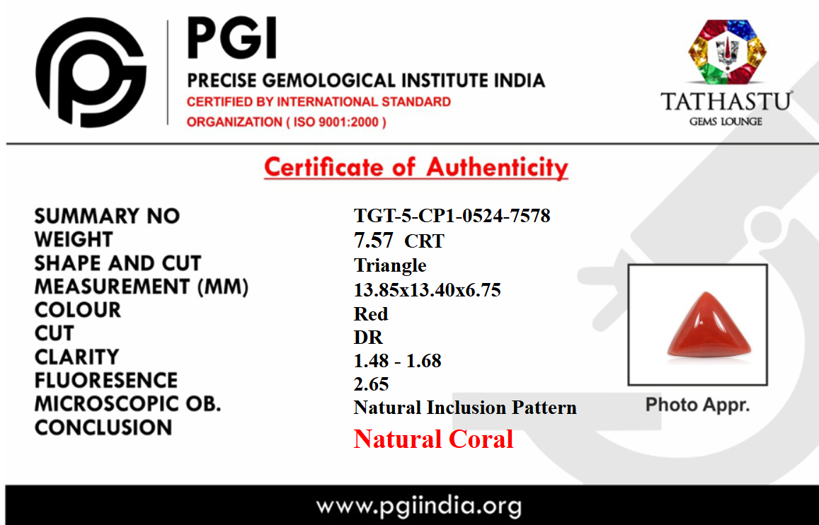 Lab Certificate - Natural Red Coral (Moonga) Triangle 7.57 Carat – 100% Original Mars (Mangal) Gemstone for Strength & Courage