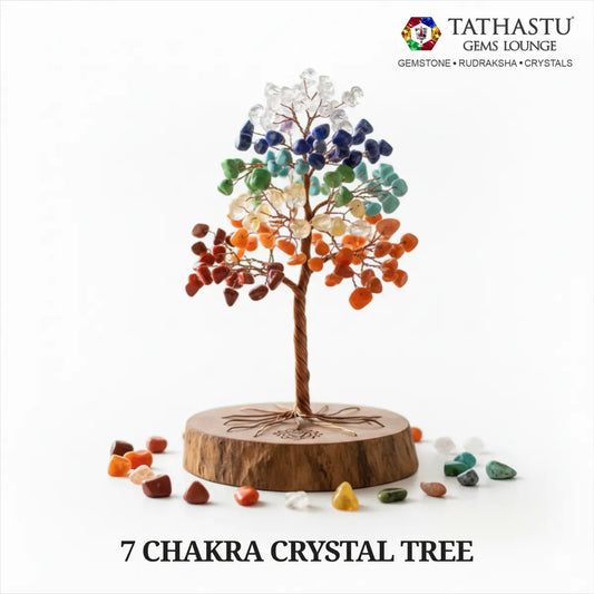 7 Chakra Crystal Tree with multi-colored gemstone chips on wooden base for chakra balancing and spiritual healing - Tathastu Gems Lounge