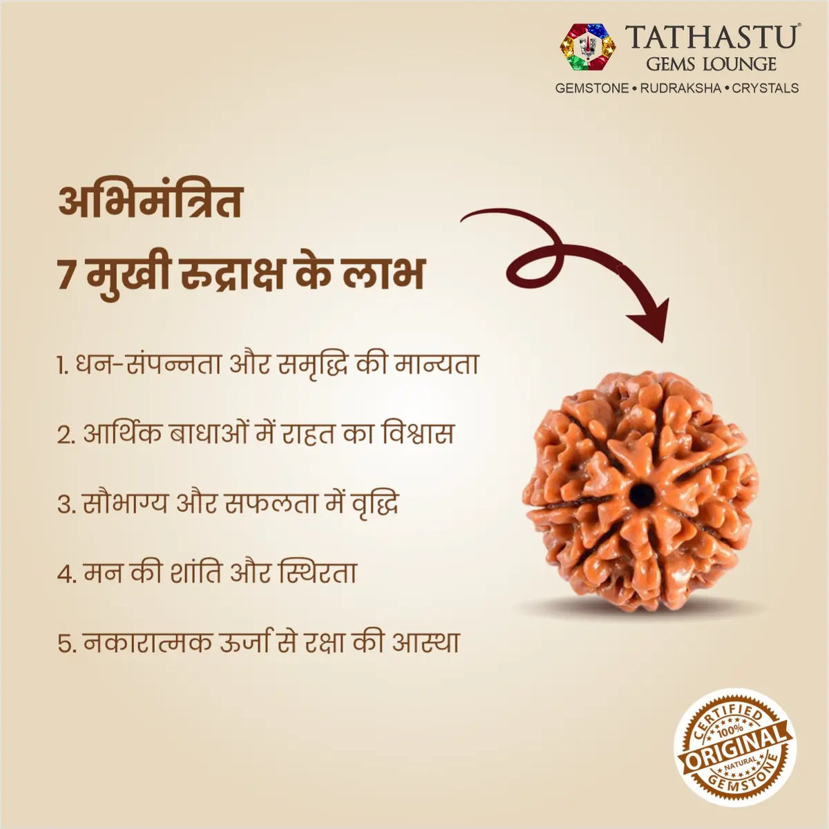 Abhimantrit Original 7 Mukhi Rudraksha bead at Tathastu Gems Lounge showing key financial growth and health benefits in Hindi.