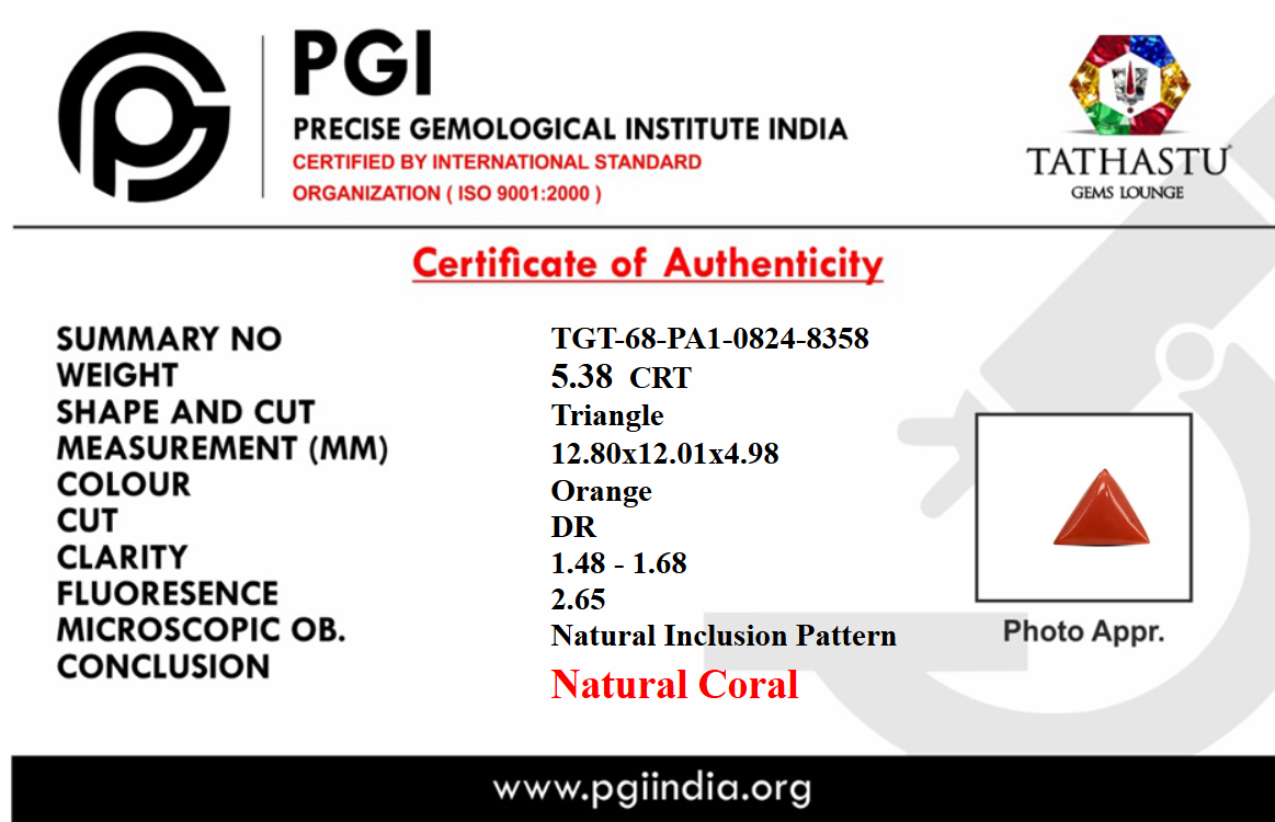 Lab Certificate - Natural Red Coral (Moonga) Triangle 5.38 Carat – 100% Original Mars (Mangal) Gemstone for Strength & Courage