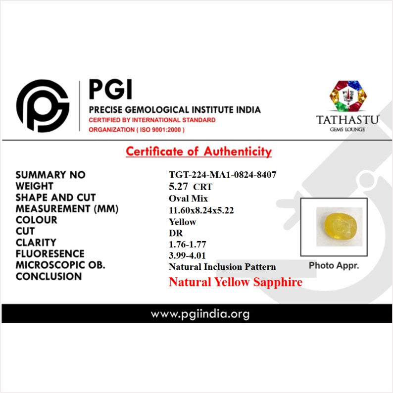 Lab Certificate - Natural Yellow Sapphire (Pukhraj) 5.27 Carat – 100% Original & Lab Certified Jupiter Gemstone for Wealth & Success