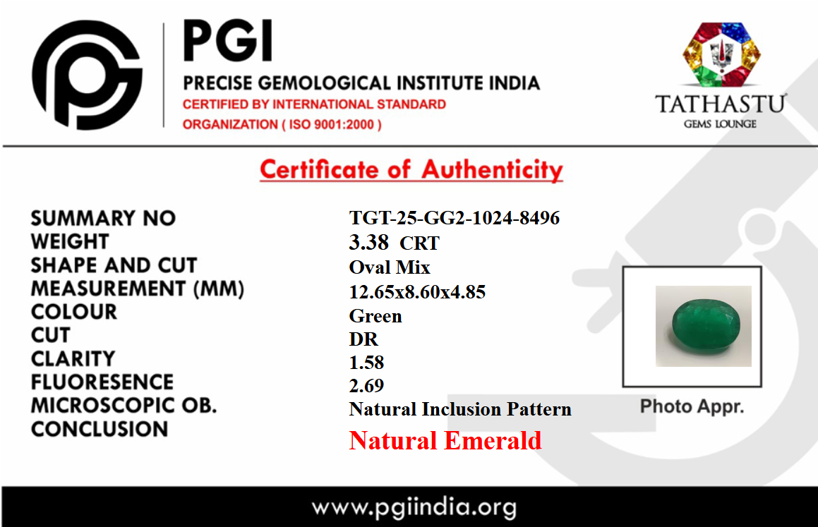 Lab Certificate - Natural Emerald (Panna) 3.38 Carat – 100% Original & Lab Certified Mercury (Budh) Gemstone for Intelligence & Growth
