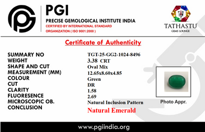 Natural Emerald (Panna) 3.38 Carat – 100% Original & Lab Certified Mercury (Budh) Gemstone for Intelligence & Growth