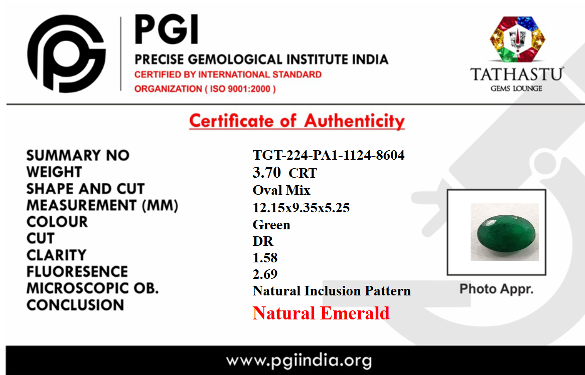 Lab Certificate - Natural Emerald (Panna) 3.70 Carat – 100% Original & Lab Certified Mercury (Budh) Gemstone for Intelligence & Growth