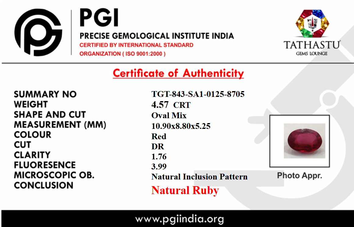 Lab Certificate - Natural Red Ruby (Manik) 4.57 Carat – 100% Original & Lab Certified Sun (Surya) Gemstone for Power & Confidence