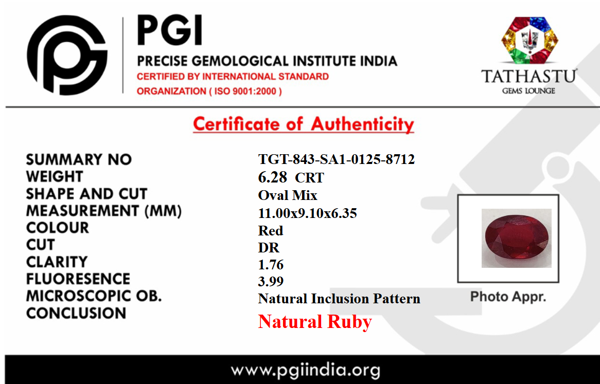 Lab Certificate - Natural Red Ruby (Manik) 6.28 Carat – 100% Original & Lab Certified Sun (Surya) Gemstone for Power & Confidence