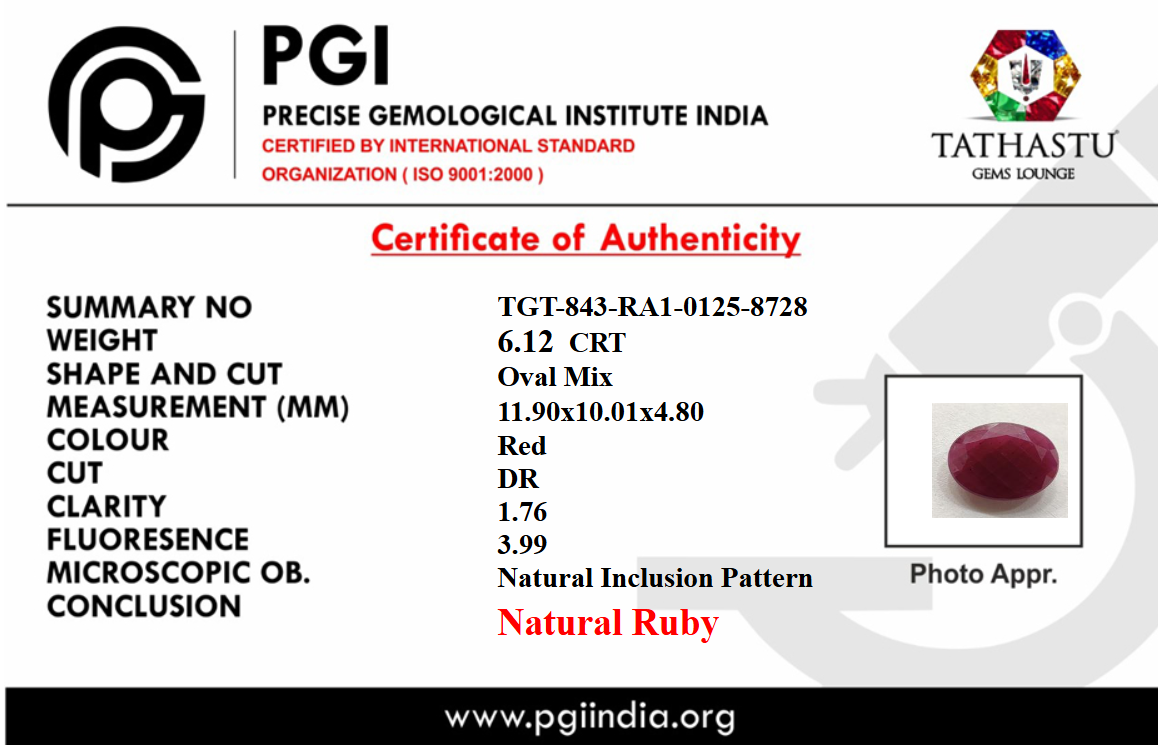 Lab Certificate - Natural Red Ruby (Manik) 6.12 Carat – 100% Original & Lab Certified Sun (Surya) Gemstone for Power & Confidence