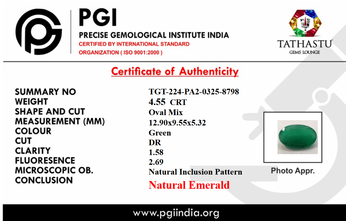 Lab Certificate - Natural Emerald (Panna) 4.55 Carat – 100% Original & Lab Certified Mercury (Budh) Gemstone for Intelligence & Growth