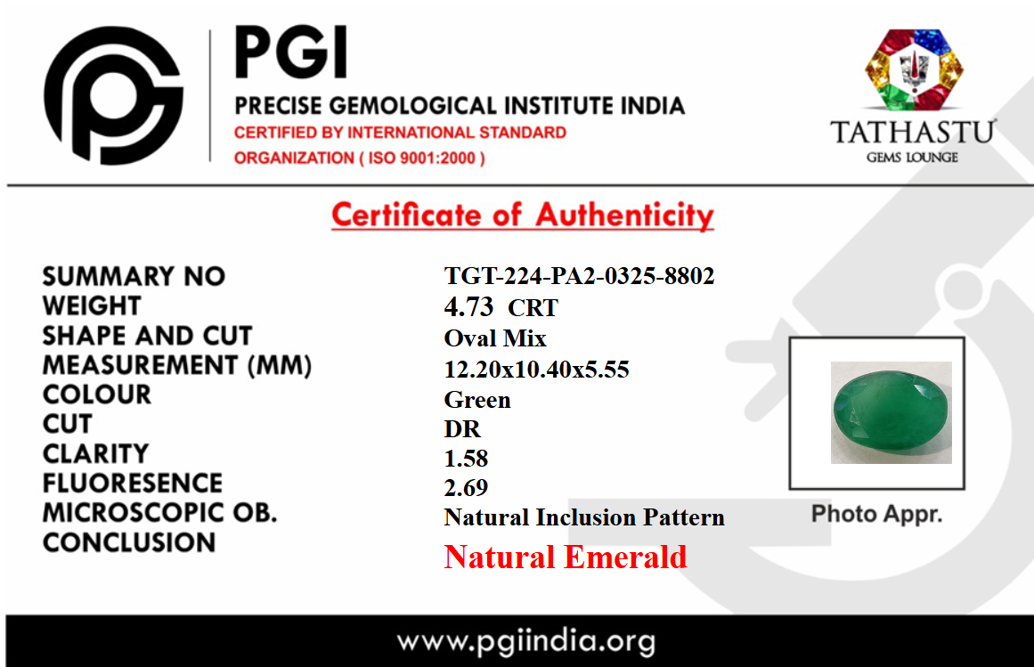 Lab Certificate - Natural Emerald (Panna) 4.73 Carat – 100% Original & Lab Certified Mercury (Budh) Gemstone for Intelligence & Growth