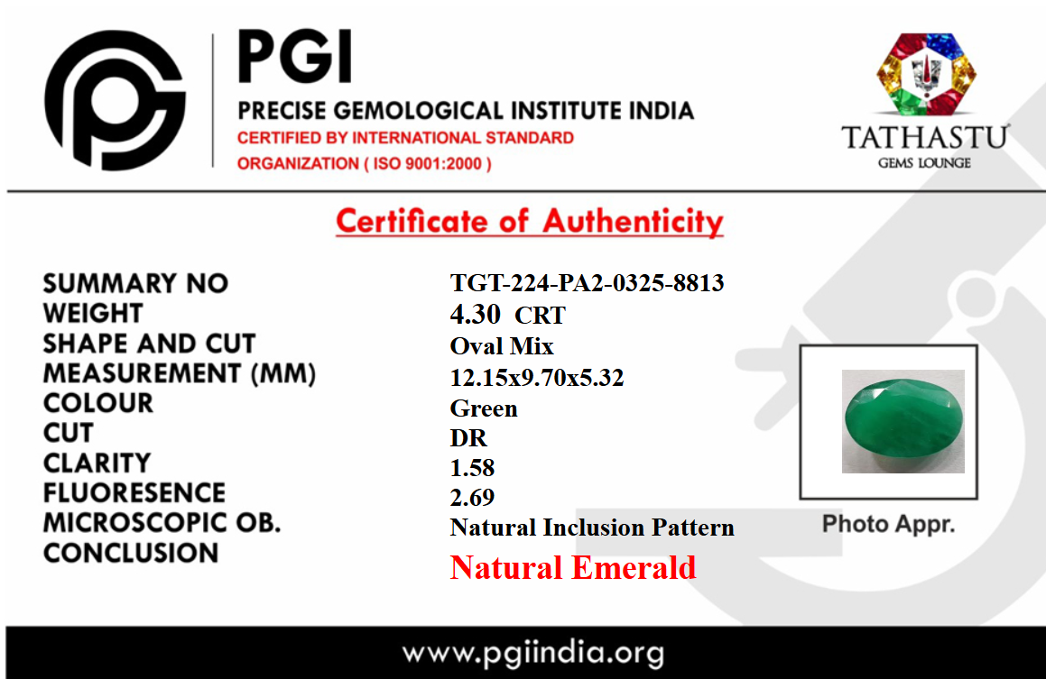 Lab Certificate - Natural Emerald (Panna) 4.30 Carat – 100% Original & Lab Certified Mercury (Budh) Gemstone for Intelligence & Growth