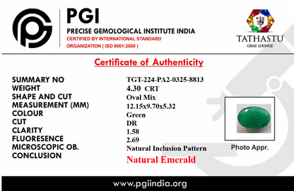 Natural Emerald (Panna) 4.30 Carat – 100% Original & Lab Certified Mercury (Budh) Gemstone for Intelligence & Growth