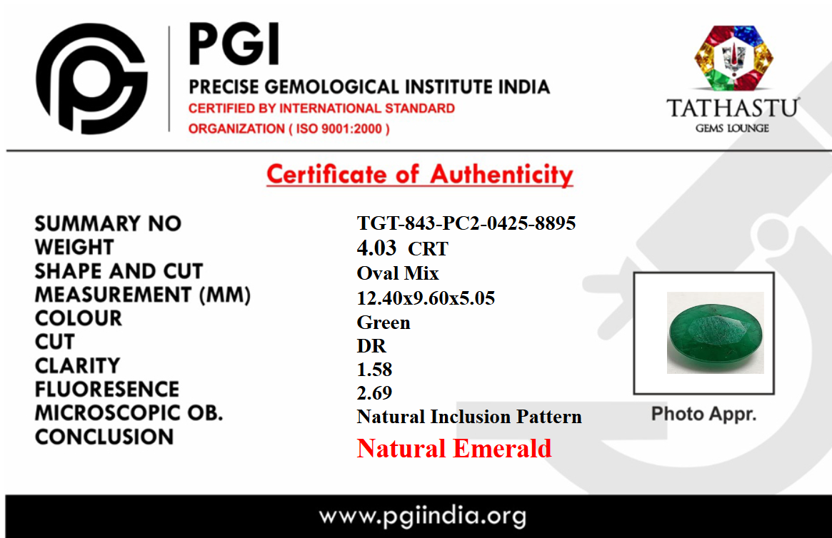 Lab Certificate - Natural Emerald (Panna) 4.03 Carat – 100% Original & Lab Certified Mercury (Budh) Gemstone for Intelligence & Growth