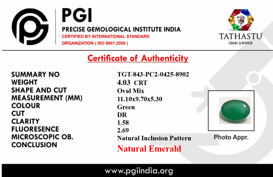 Lab Certificate - Natural Emerald (Panna) 4.03 Carat – 100% Original & Lab Certified Mercury (Budh) Gemstone for Intelligence & Growth