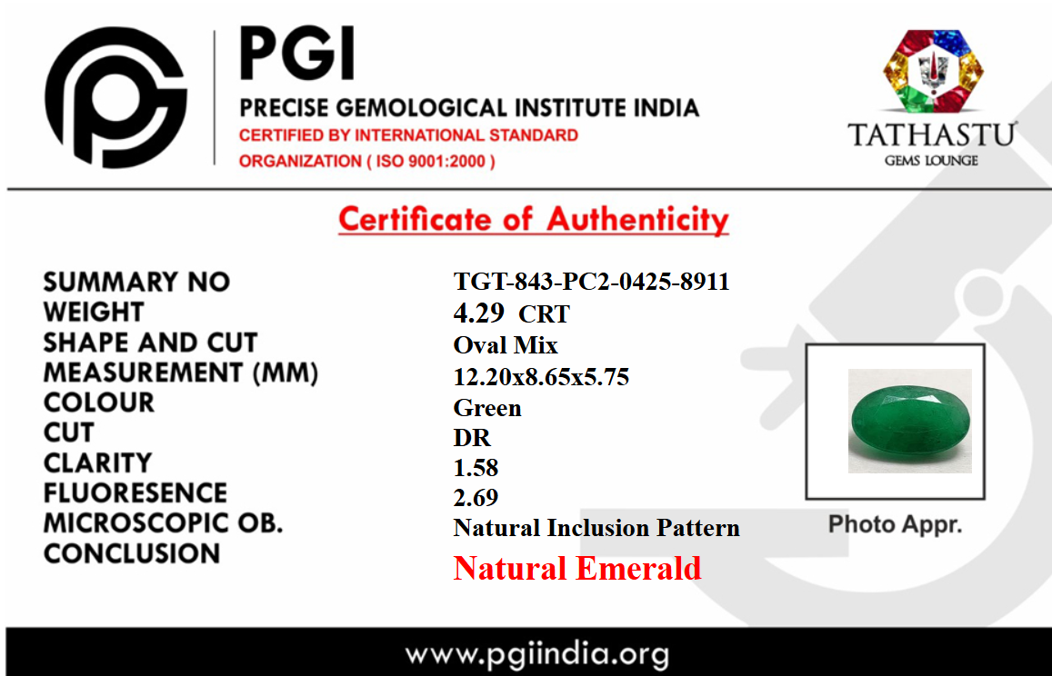 Lab Certificate - Natural Emerald (Panna) 4.29 Carat – 100% Original & Lab Certified Mercury (Budh) Gemstone for Intelligence & Growth